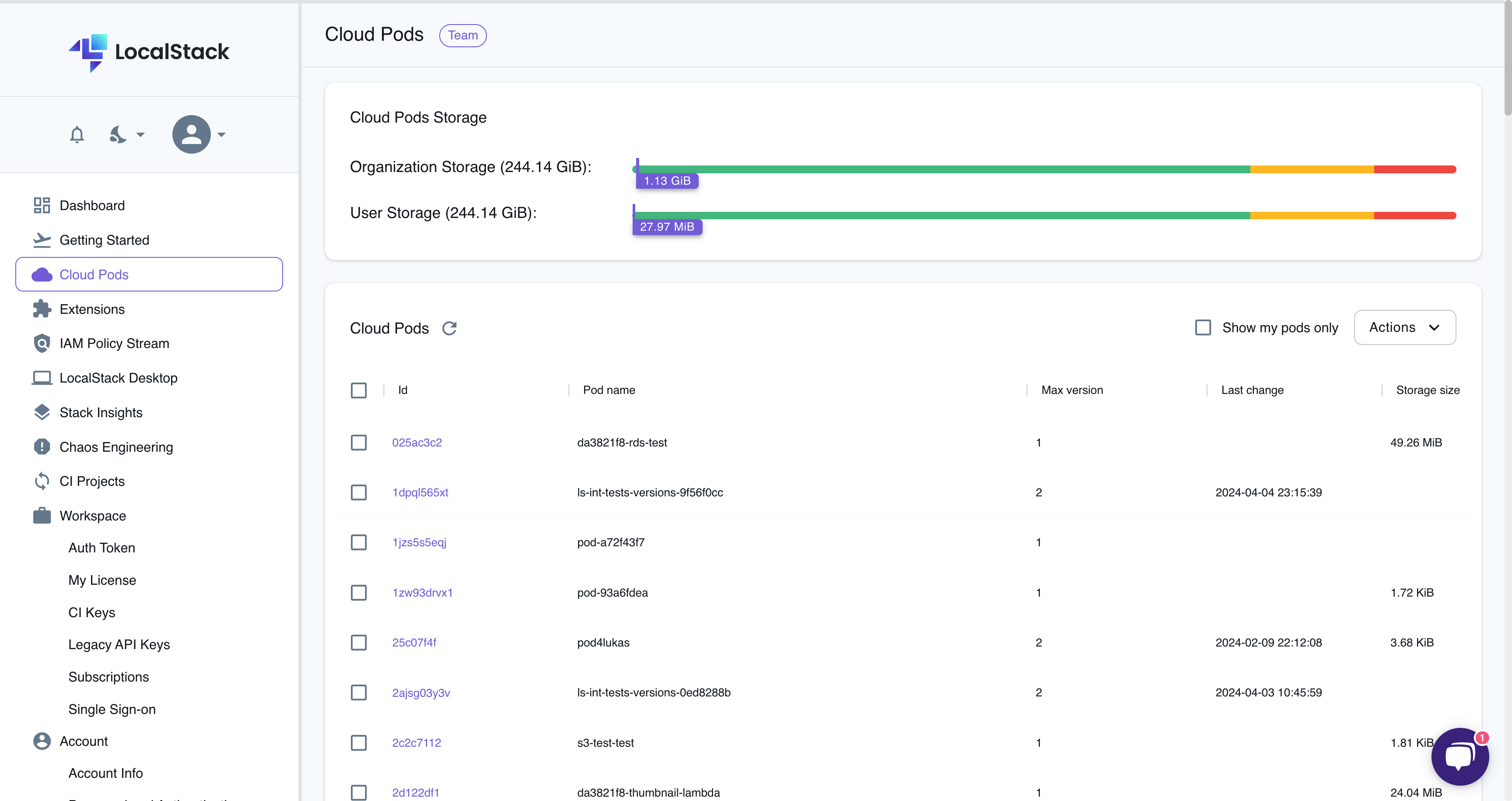 LocalStack Web Application’s Cloud Pods Browser outlining various saved snapshots